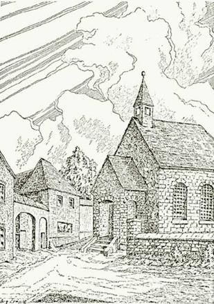 A small, charming church stands among old buildings. The sky is adorned with dramatic clouds.