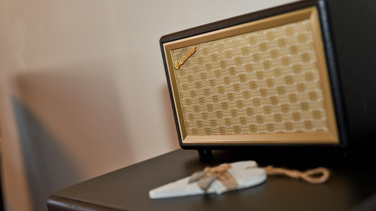 An elegant speaker with a golden grille and black housing. Next to it lies a small pendant on a dark surface.