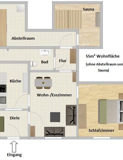 A floor plan of an apartment with an area of 55 m². The rooms include a bedroom, a living room with dining area, a kitchen, a bathroom, and a sauna.