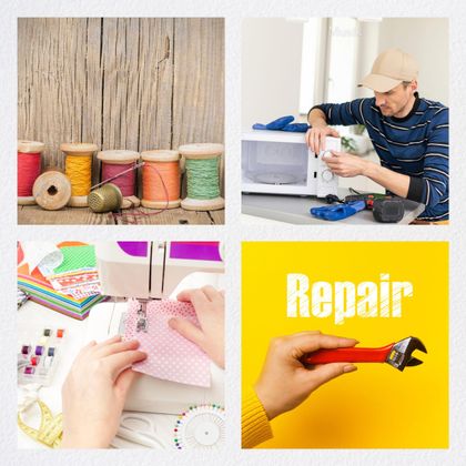 Eine Collage mit verschiedenen handwerklichen Tätigkeiten. Oben sind farbige Garnrollen zu sehen, unten werden Nähen und Reparieren gezeigt.