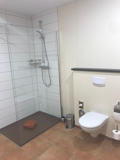 Ein modernes Badezimmer mit einer Dusche und einer Toilette. Die Wände sind hell und der Boden ist gefliest.
