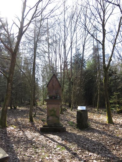 Ein Denkmal steht in einem Wald mit kahlen Bäumen. Das Licht fällt sanft durch die Äste auf den Boden.