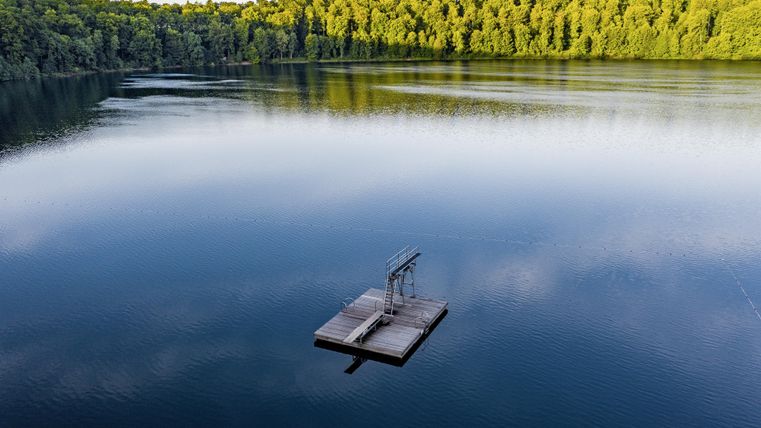 Een rustige meer met een houten steiger in het midden. Omgeven door groene bomen en een heldere, blauwe lucht.