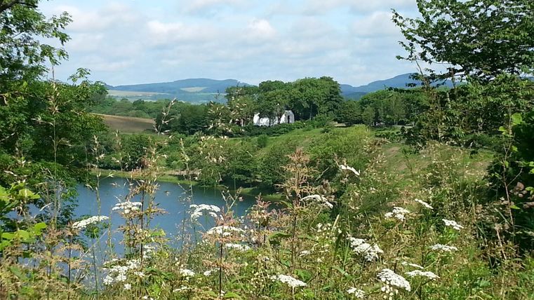 An idyllic landscape with a quiet lake and lush greenery. In the background, gentle hills and a white house among the trees are visible.