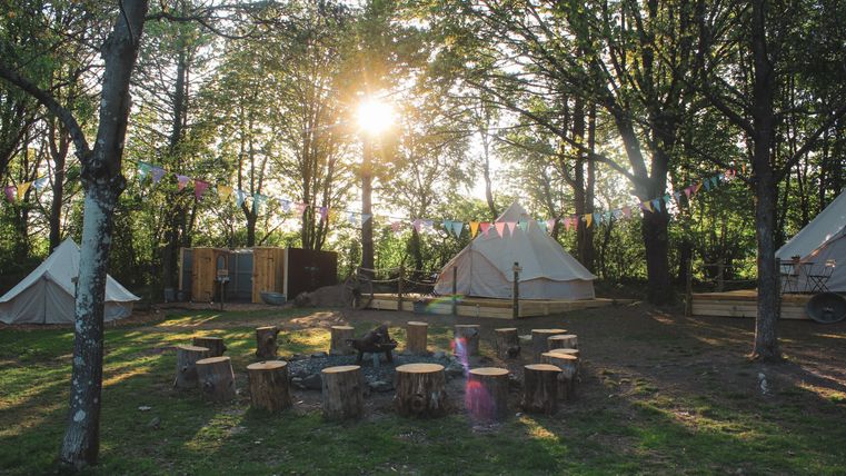 Een gezellige camping met een tent en een vuurplaats van boomstammen. Op de achtergrond straalt de zon door de bomen en kleurrijke vlaggen wapperen in de wind.