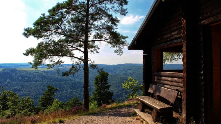 Eine Holzhütte steht auf einem Hügel mit Blick auf eine grüne Landschaft. Ein Baum und eine Bank ergänzen die idyllische Aussicht.