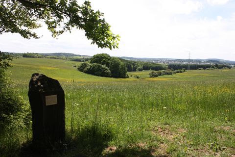 Eine malerische Landschaft mit grünen Wiesen und sanften Hügeln. Im Vordergrund steht ein schwarzer Stein mit einer Gedenktafel.