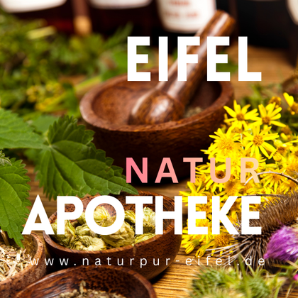 A selection of herbs and plants in wooden bowls. The scene conveys a natural and apothecary atmosphere.