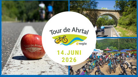 Een fietsevenement genaamd "Tour de Ahrtal" vindt plaats op 14 juni 2026. De afbeelding toont een weg, een appel en fietsers in een prachtig landschap.