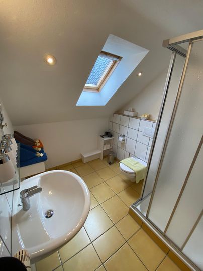 Ein modernes Badezimmer mit Dusche und Waschbecken. Das Dachfenster sorgt für viel Tageslicht.