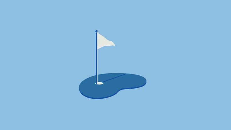 Ein einfaches grafisches Design eines Golflochs mit einer weißen Fahne auf einem blauen Hintergrund. Das Bild vermittelt eine ruhige und entspannte Atmosphäre.