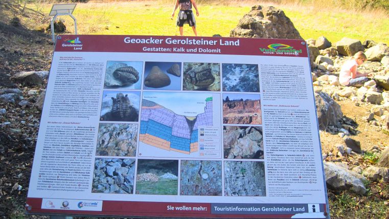 Infotafel über Kalk und Dolomit im Geoacker Gerolsteiner Land. Im Hintergrund sind zwei Personen auf einem steinigen Gelände zu sehen.