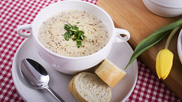 Eine cremige Suppe in einer weißen Schüssel, garniert mit frischen Kräutern. Dazu gibt es frisches Brot und eine hübsche Tulpe auf dem Tisch.