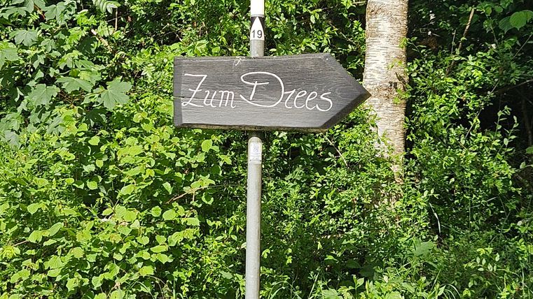 Ein Wegweiser zeigt nach links und weist auf "Zum Dreies" hin. Die Umgebung ist von grünen Pflanzen und Bäumen umgeben.