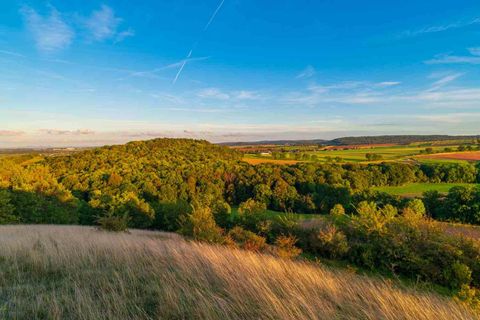 Een schilderachtig landschap met zachte heuvels en weelderig groen. De lucht is helder en stralend blauw.