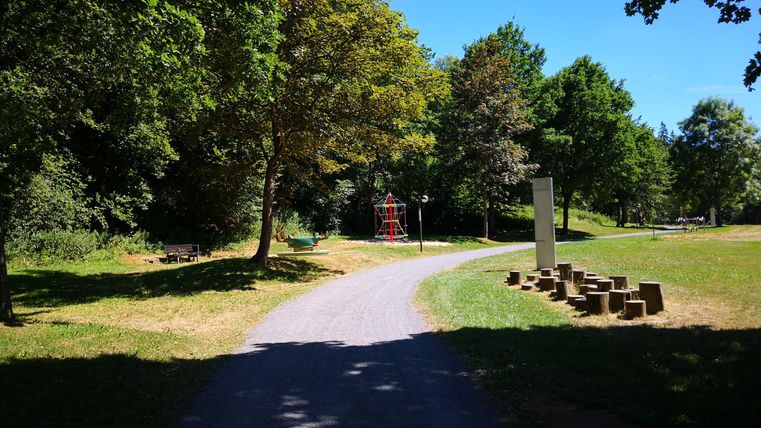 A beautiful park path surrounded by trees. In the background, there are playground equipment and a meadow.