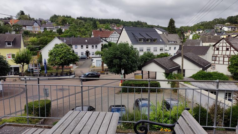 A tranquil view of a small village with traditional houses. The area is green and there are some trees as well as parked cars.