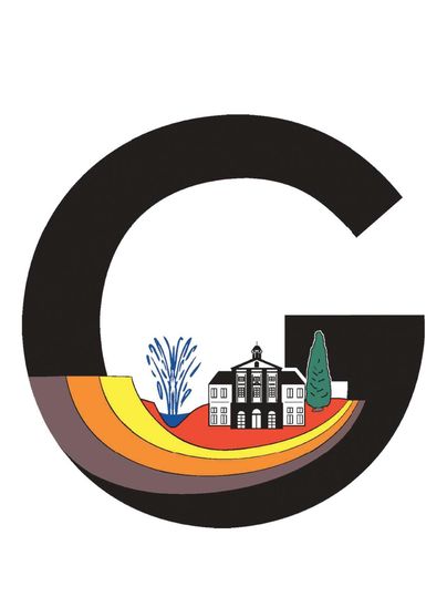Ein großes, schwarzes "G" mit einer bunten Landschaft darunter. Die Darstellung zeigt Gebäude und Pflanzen, die eine städtische Atmosphäre vermitteln.