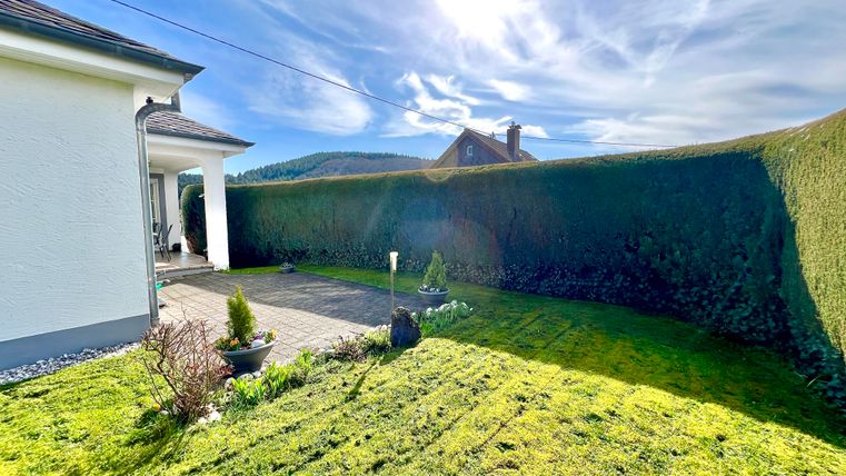 A well-maintained garden with green grass surrounded by a tall hedge. The sun is shining bright and the sky is blue with some clouds.