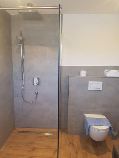A modern bathroom with a shower cabin and a toilet. The walls are in neutral shades of gray and the floor is made of wood.