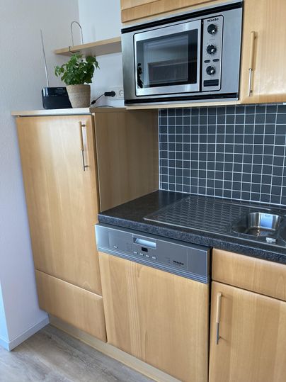 Eine moderne Küche mit Holzschränken und einer stilvollen Arbeitsplatte. In der Ecke steht eine Mikrowelle und ein kleiner Pflanzenübertopf.