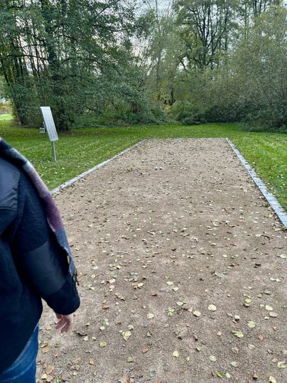 A sand court with scattered leaves in a green environment. In the background, there are trees and an information sign.