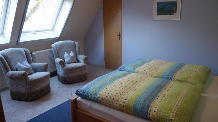 Een gezellige slaapkamer met een groot bed en twee fauteuils. De muren zijn blauw geschilderd en er is een raam met natuurlijk licht.