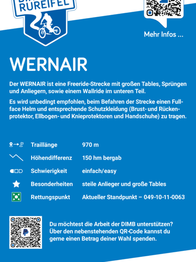Een informatieblad over de freeride-route WERNAIR in Bikepark Rureifel. Het beschrijft de route, de veiligheidsvereisten en biedt contactinformatie.