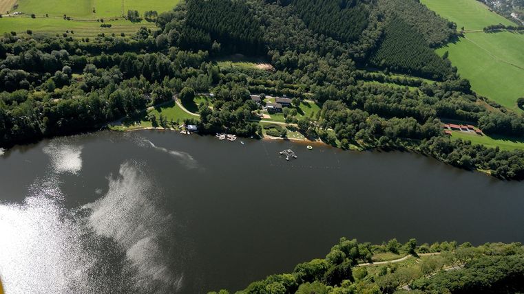 Ein ruhiger See umgeben von grünen Wäldern und Feldern. Im Wasser spiegelt sich das Licht des Tages.