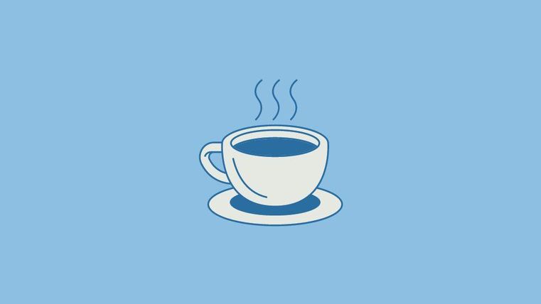 Eine stilisierte Tasse Kaffee auf einem blauen Hintergrund. Dampf steigt von der Tasse auf.