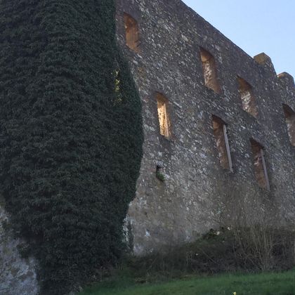 An old, overgrown ruin with glowing windows. The green ivy winds around the stone wall.