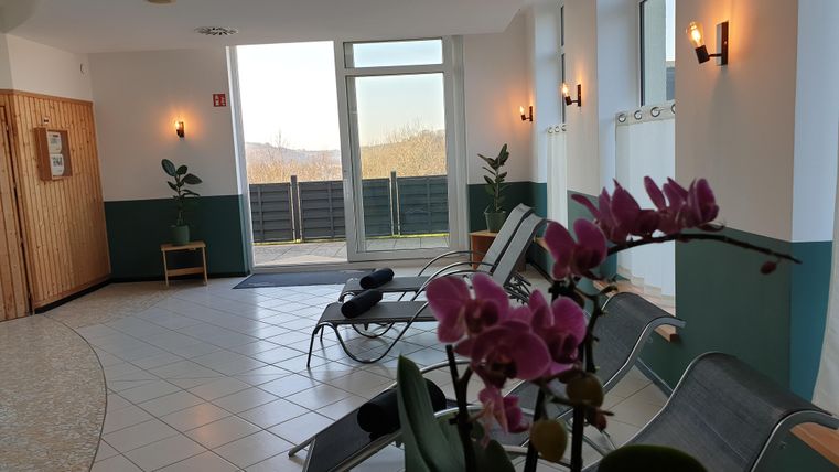 Een rustige wellnessruimte met ligstoelen en grote ramen. Op de voorgrond bloeit een orchidee.