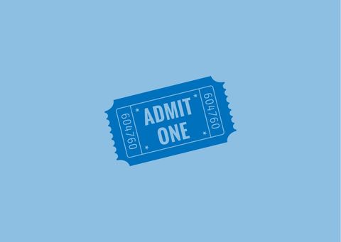 Een blauwe toegangskaartafdruk met de tekst "ADMIT ONE". De achtergrond is eveneens in een lichte blauwe tint.