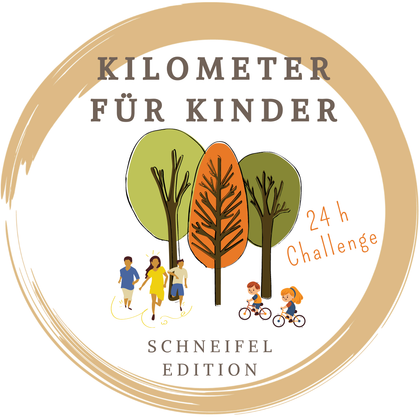 A logo for the "Kilometers for Kids" challenge featuring trees, a running group, and children on bicycles. It highlights the 24-hour challenge and the Schneifel edition.