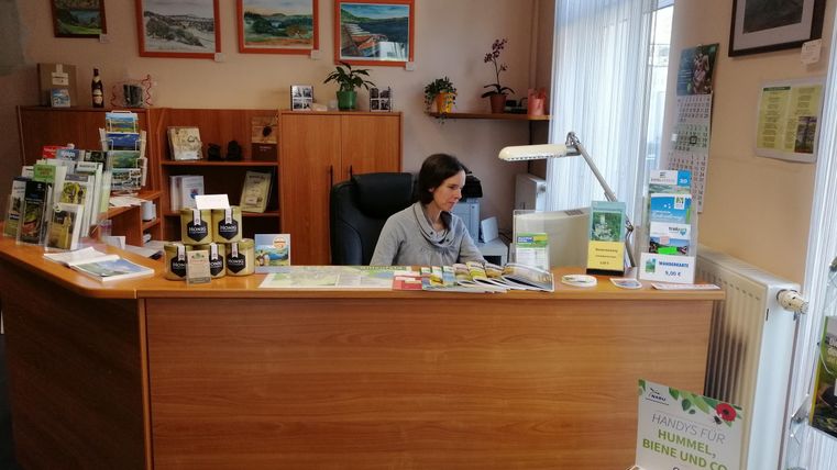 A cozy office with a wooden desk and a woman working on the computer. Landscape pictures are hanging on the walls, and there are numerous informational materials on the table.
