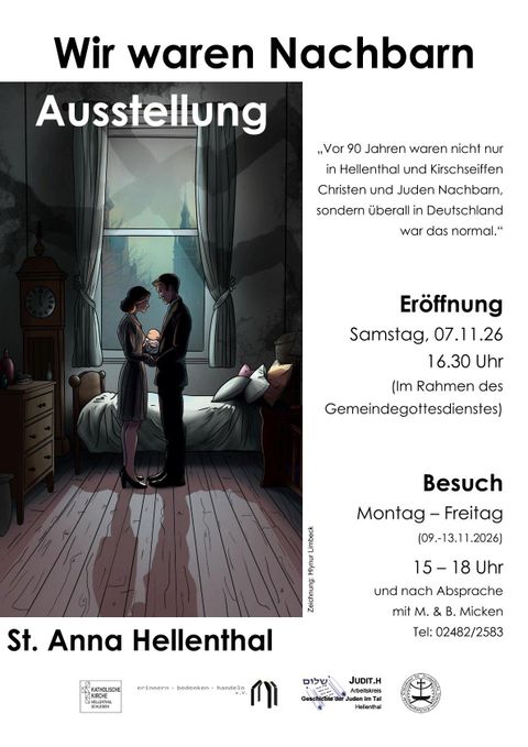 Eine Einladung zur Ausstellung mit dem Titel "Wir waren Nachbarn". Die Grafik zeigt ein paar in einem Zimmer, das an die jüdisch-christlichen Nachbarschaften von früher erinnert.