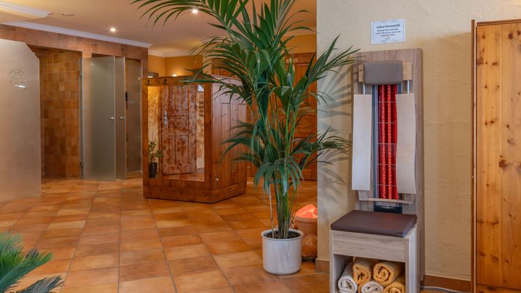 Ein einladender Wellnessbereich mit warmen Farben und vielen Pflanzen. Im Hintergrund sind Duschen und ein Infrarotsitz zu sehen, die eine entspannende Atmosphäre schaffen.
