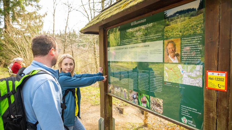 Two people are standing in front of an information board in the forest. The board provides information about a hiking area and shows pictures of the surroundings.