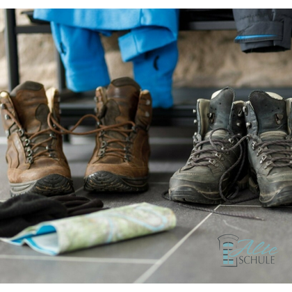 Zwei Paar Wanderschuhe stehen auf dem Boden, zusammen mit einer Karte und einem Paar Handschuhen. Im Hintergrund hängen blaue Kleidung und Accessoires.