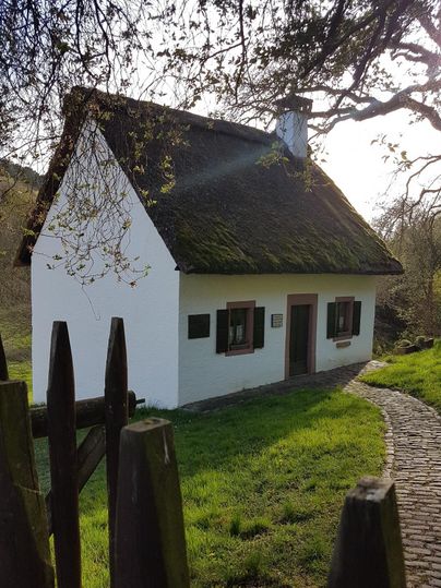 Ein charmantes, weißes Haus mit einem begrünten Dach in einer ländlichen Umgebung. Der Weg zum Haus ist von Gras und Bäumen umgeben.