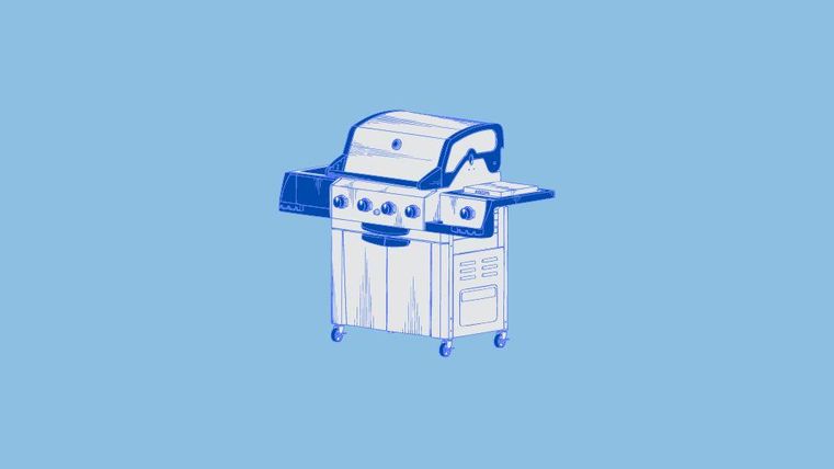A gas grill on a blue background. It has several buttons and a work surface.