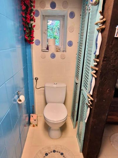 A bright bathroom with blue tiles and a white toilet. On the wall are decorative elements and a small window overlooking the outdoors.