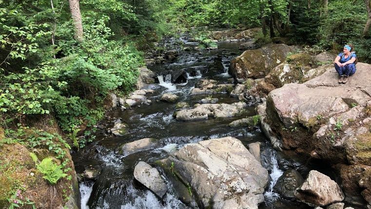 Ein schöner Bach fließt aus glatten Steinen, umgeben von üppigem Grün. Eine Person sitzt entspannt auf einem Felsen in der Natur.