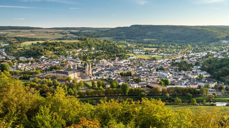 Panoramic view of Echternach with the abbey and surrounding landscapes.