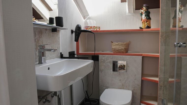 Ein modernes Badezimmer mit einem Waschbecken und einer Toilette. Regale aus Holz bieten zusätzlichen Stauraum.