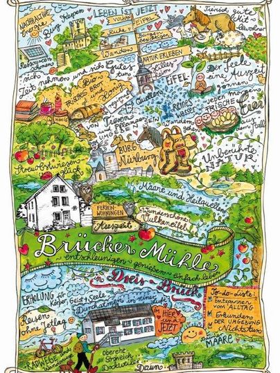 Een kleurrijke illustratie van een regio met verschillende bezienswaardigheden en activiteiten. De tekst beschrijft de Bruggenmolen en toont een pittoresk landschap.