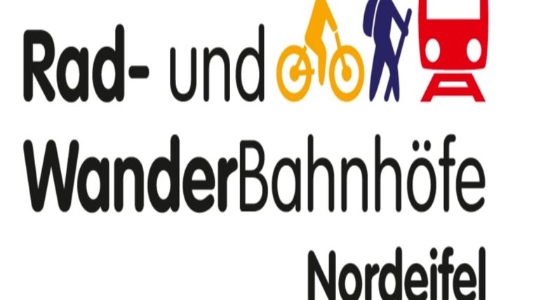 A logo for cycling and hiking train stations in the Northern Eifel. It displays symbols for bicycles, hiking, and trains.