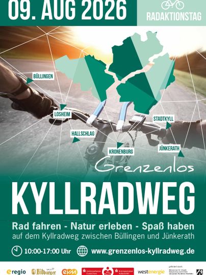 Een poster voor de Fietsactiedag op 09 augustus 2026. Het toont de Kyllfietsroute tussen Büllingen en Jünkerath, met informatie over de activiteiten en de ervaring van de natuur.