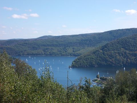 Ein malerischer See umgeben von sanften Hügeln und Wäldern. Auf dem Wasser sind zahlreiche Segelboote zu sehen.