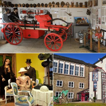 The image shows a fire engine in the museum with historical exhibits. Additionally, there are mannequins in old clothes and a modern building in the background.